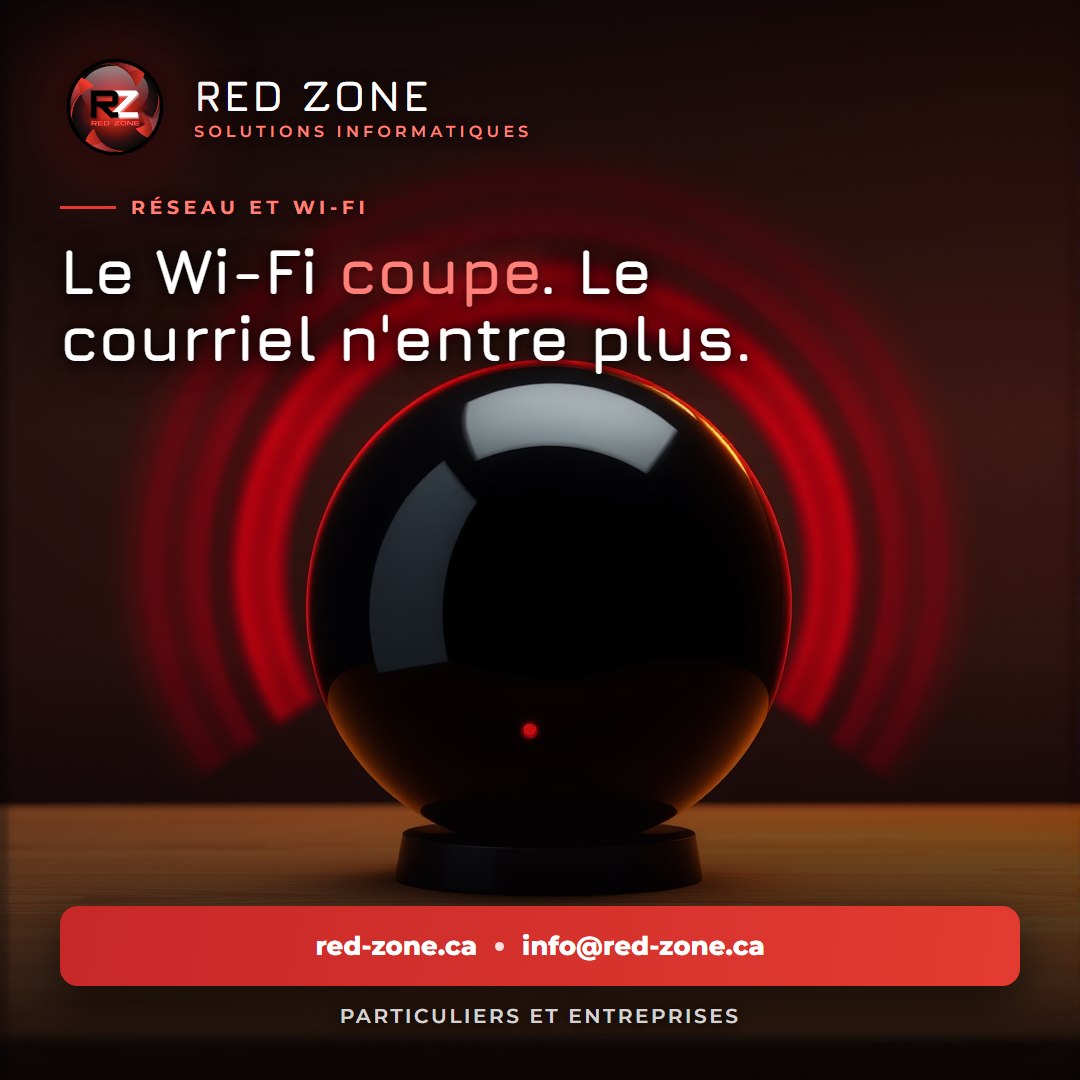 « Le Wi-Fi coupe. Le courriel n'entre plus. » en gros titre, avec en surtitre « Réseau et Wi-Fi », au-dessus d'un routeur sphérique noir et luisant posé sur une table de bois, entouré d'ondes rouges lumineuses
