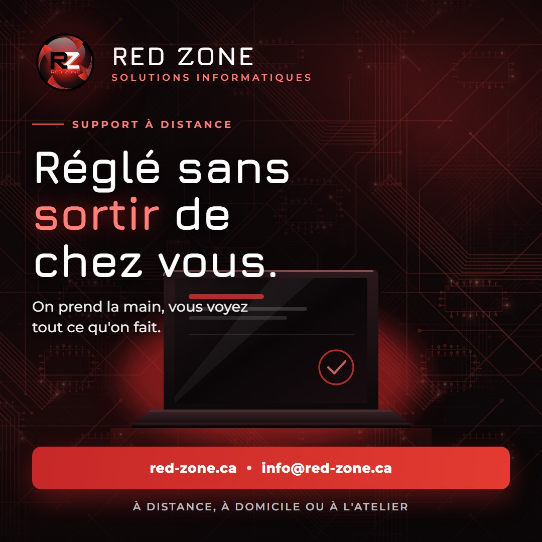 « Réglé sans sortir de chez vous. » en gros titre, avec en surtitre « Support à distance », au-dessus d'un ordinateur portable dont l'écran affiche un crochet de validation, sur un fond de circuit imprimé rouge